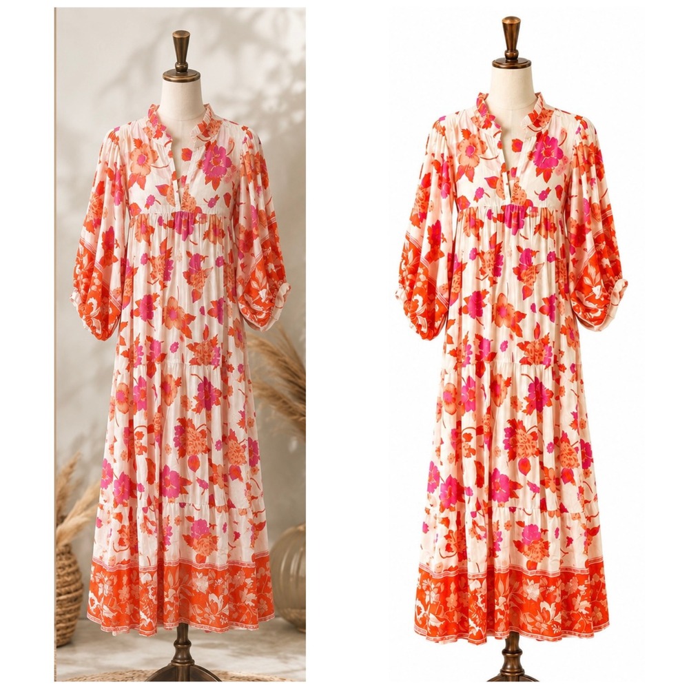 Karni Floral Midi Dress Womens Large Orange Pink Boho Cottagecore Balloon Sleeve